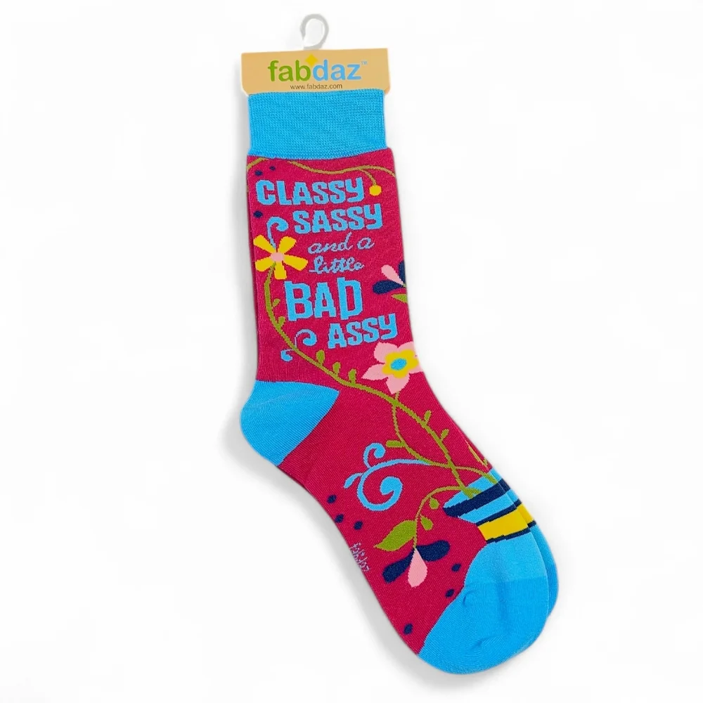 Fabdaz Classy Sassy Bad Assy Crew Socks NWT Floral Pink Blue Ladies Size 5-10